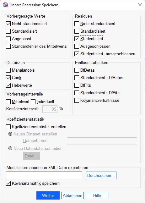 Multiple lineare Regression in SPSS Schritt 6: Speichern und Variablen erstellen