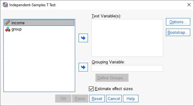 SPSS Independent T-Test, unpaired t-test, Comparing Groups in SPSS, Two-Sample T-Test, independen samples: t-test window with variables selection
