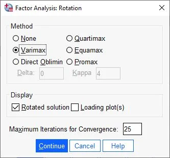 SPSS Factor Analysis, Exploratory Factor Analysis (EFA), Confirmatory Factor Analysis (CFA), Factor Loadings, Factor Structure Analysis: setup rotation (Varimax)