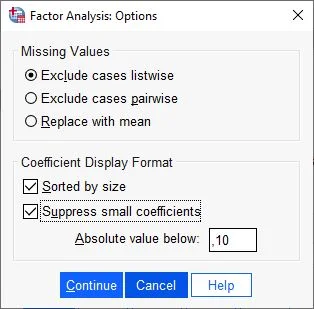 SPSS Factor Analysis, Exploratory Factor Analysis (EFA), Confirmatory Factor Analysis (CFA), Factor Loadings, Factor Structure Analysis: setup options for missing values